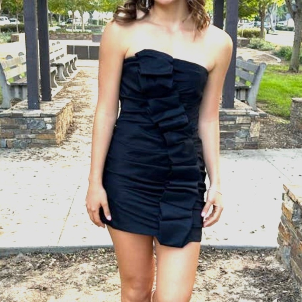 Love Tease Black Strapless Ruched Ruffle Mini Dress Size 9